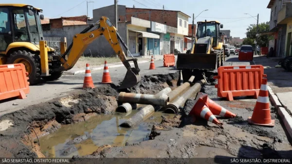 Obras de drenagem da Caesb em rua de São Sebastião com equipamentos e água acumulada