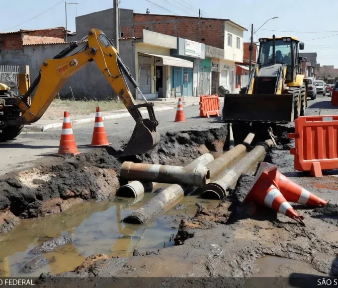 Obras de drenagem da Caesb em rua de São Sebastião com equipamentos e água acumulada