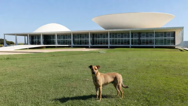 Fachada do Senado Federal em Brasília com cão próximo