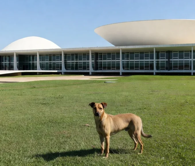 Fachada do Senado Federal em Brasília com cão próximo