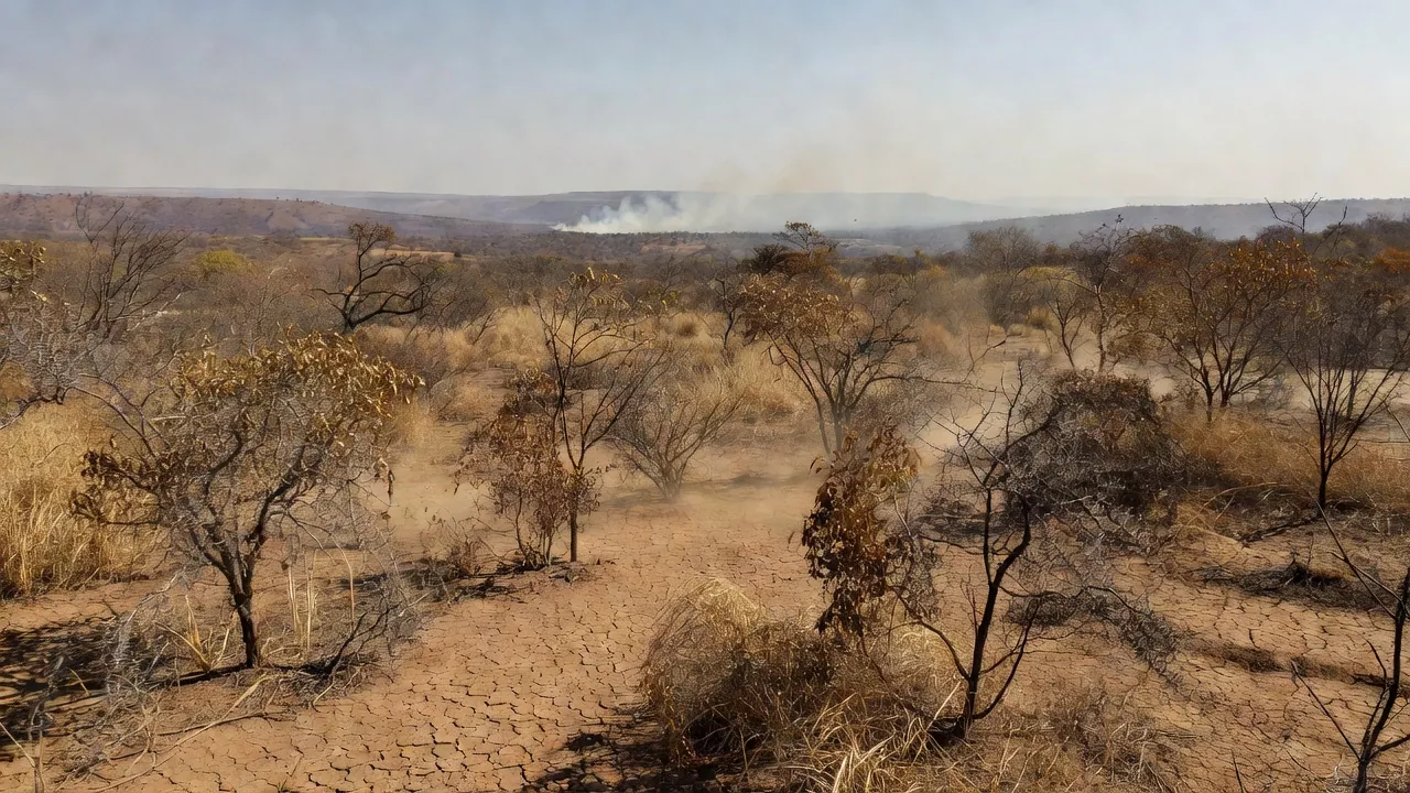 Paisagem do Cerrado no Distrito Federal com fumaça de incêndios durante seca de 54 dias