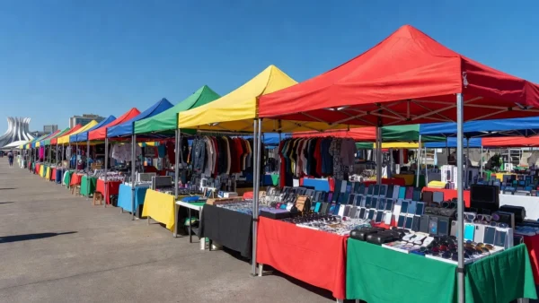Barracas da Feira dos Importados com produtos variados em Brasília