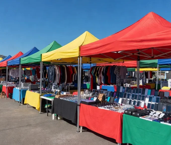 Barracas da Feira dos Importados com produtos variados em Brasília