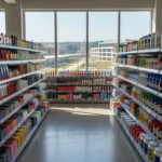 Loja de cosméticos no DF com prateleiras de produtos, relacionada a furtos investigados pela Polícia Civil