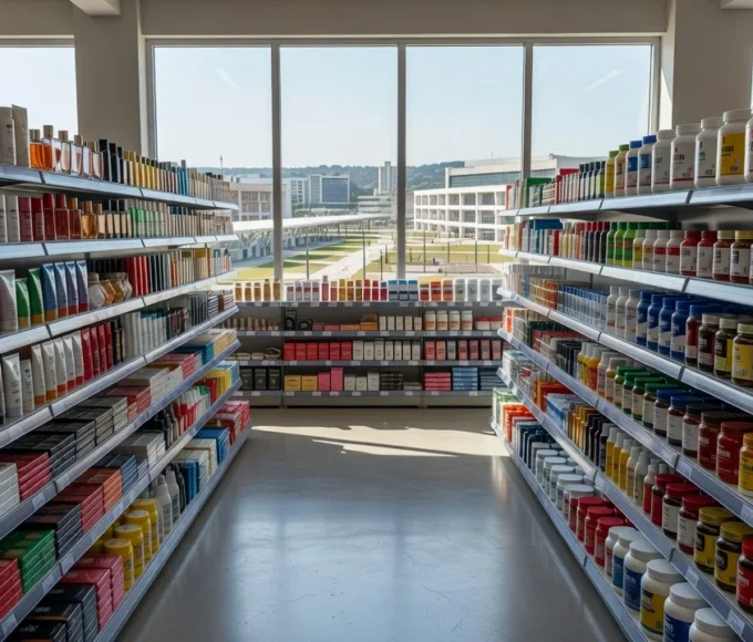 Loja de cosméticos no DF com prateleiras de produtos, relacionada a furtos investigados pela Polícia Civil