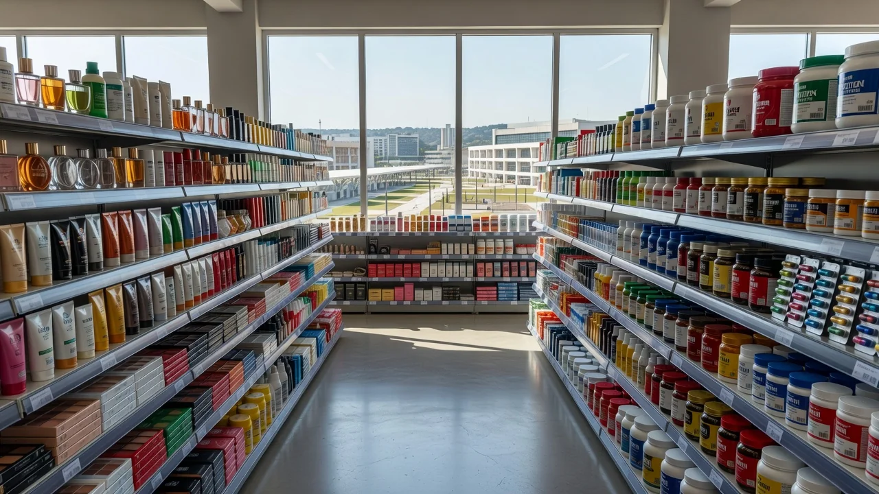 Loja de cosméticos no DF com prateleiras de produtos, relacionada a furtos investigados pela Polícia Civil