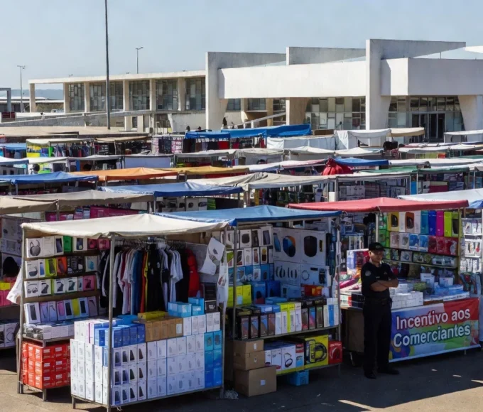 Feira dos Importados em Brasília com barracas de produtos importados e ambiente comercial