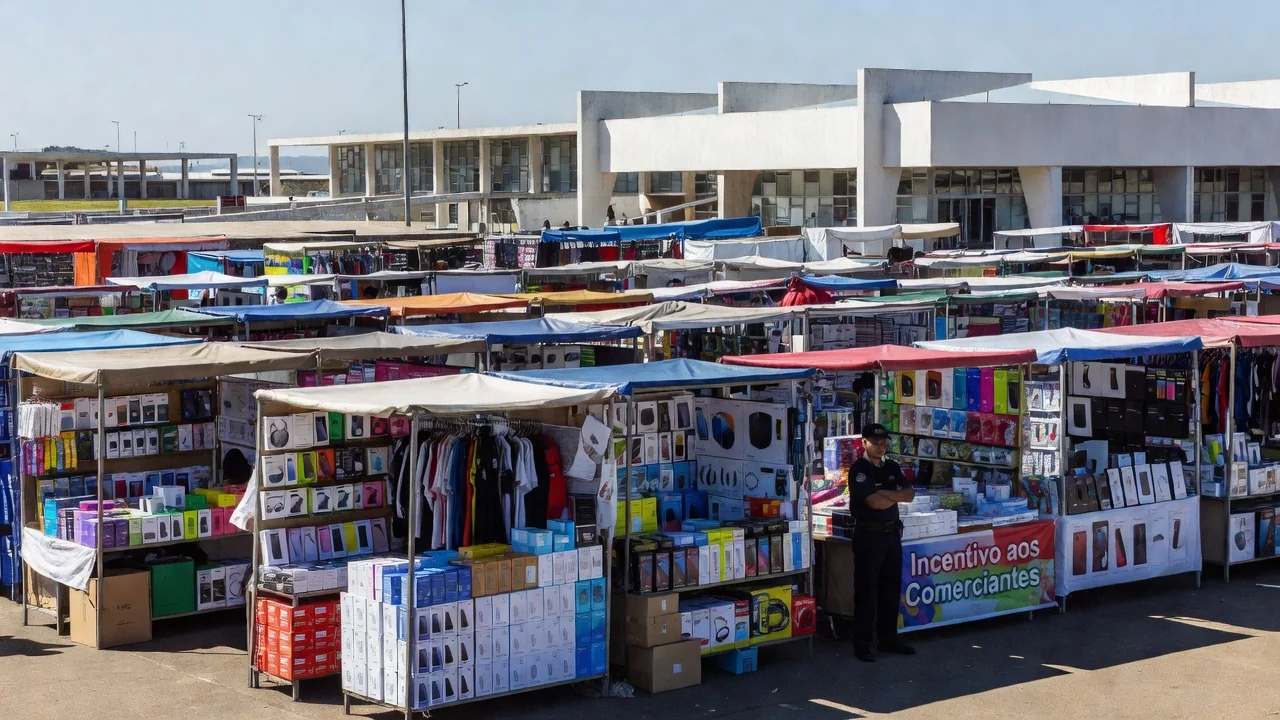 Feira dos Importados em Brasília com barracas de produtos importados e ambiente comercial