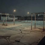 Quadra esportiva deteriorada em Brasília representando condições precárias de educadores físicos