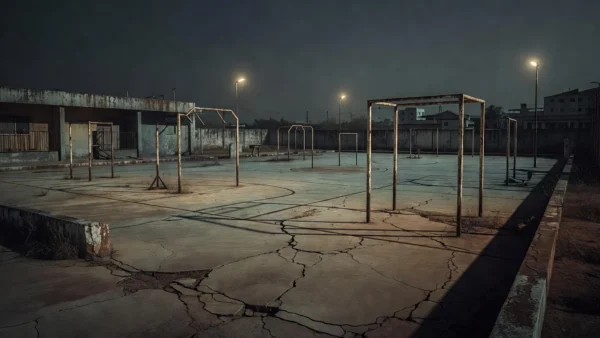 Quadra esportiva deteriorada em Brasília representando condições precárias de educadores físicos