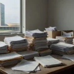 Pilhas de documentos em mesa de escritório do GDF em Brasília representando burocracia em emendas parlamentares