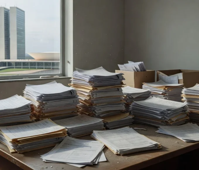 Pilhas de documentos em mesa de escritório do GDF em Brasília representando burocracia em emendas parlamentares