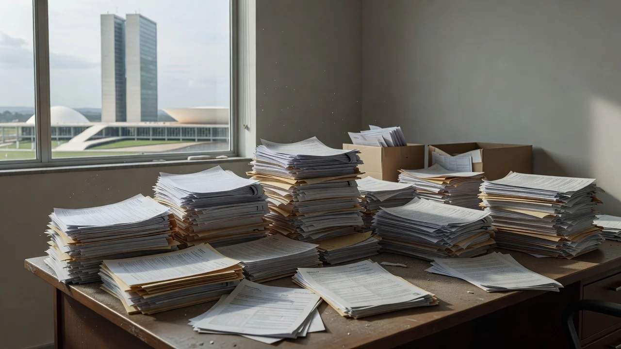 Pilhas de documentos em mesa de escritório do GDF em Brasília representando burocracia em emendas parlamentares