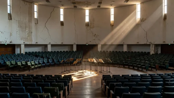 Plenário da Câmara do DF com palco para coral e problemas estruturais visíveis