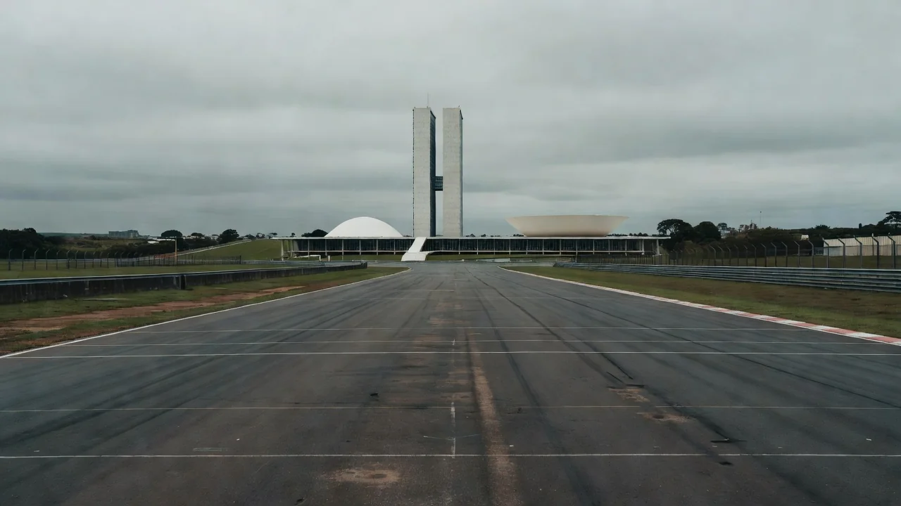 Pista de corrida funcional vazia em Brasília com Congresso ao fundo