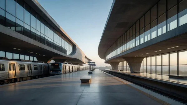 Estação moderna do metrô de Brasília com trens nas plataformas