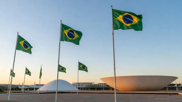 Congresso Nacional em Brasília com bandeiras do Brasil no Dia da Independência