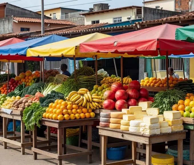 Feira livre em Vicente Pires e Núcleo Bandeirante, Brasília, com barracas e produtos frescos