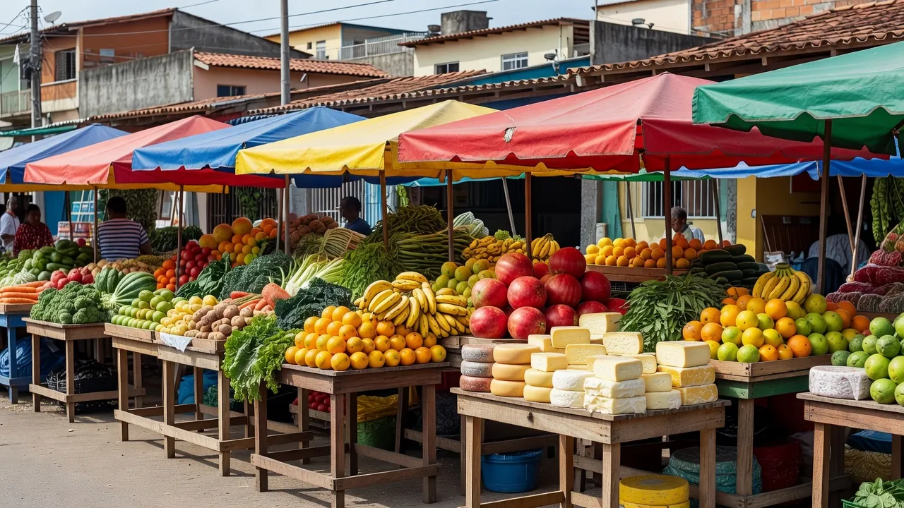 Feira livre em Vicente Pires e Núcleo Bandeirante, Brasília, com barracas e produtos frescos