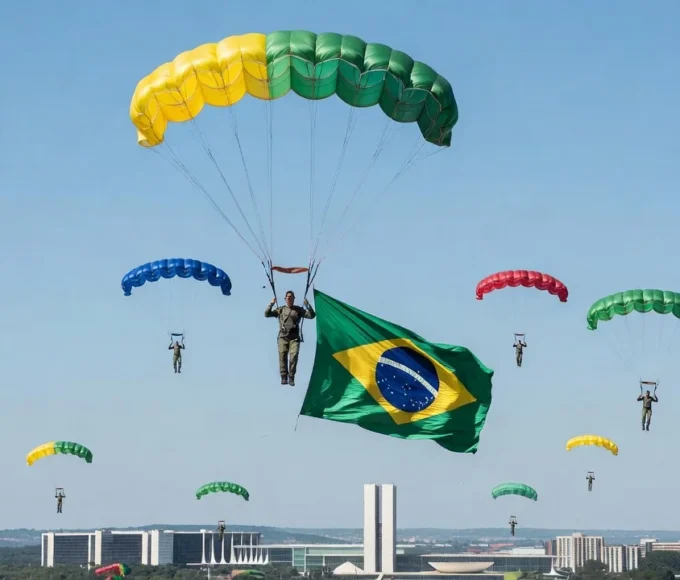 Paraquedistas das Forças Armadas com bandeira do Brasil em Brasília no 7 de Setembro