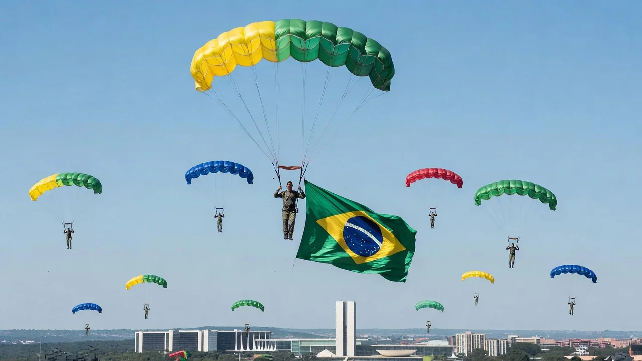 Paraquedistas das Forças Armadas com bandeira do Brasil em Brasília no 7 de Setembro