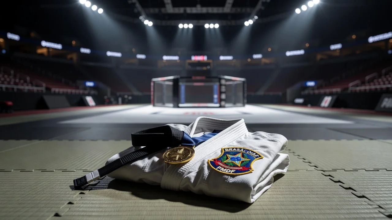 Medalha de ouro em kimono de jiu-jitsu com símbolo da PMDF