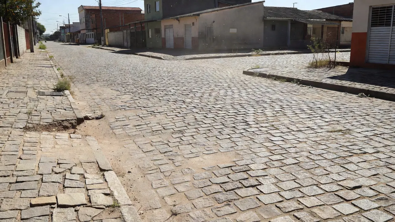 Rua deserta no Paranoá, Brasília, com pedras no chão