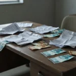 Documentos de consórcio e notas de dinheiro simbolizando golpe financeiro no DF