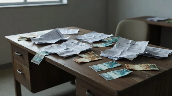 Documentos de consórcio e notas de dinheiro simbolizando golpe financeiro no DF