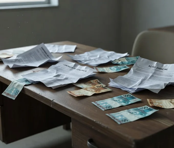 Documentos de consórcio e notas de dinheiro simbolizando golpe financeiro no DF