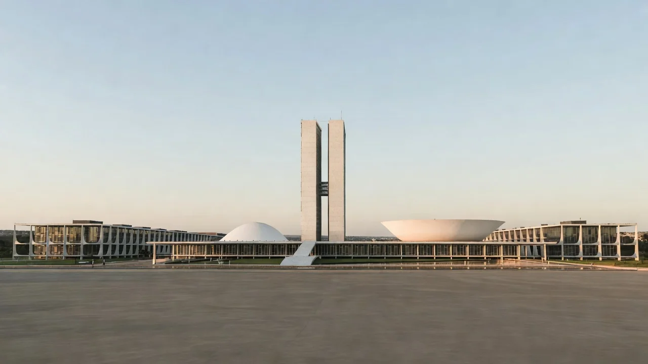 Vista panorâmica do Congresso Nacional em Brasília sob luz natural
