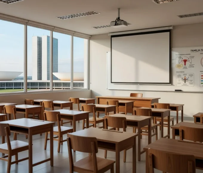 Sala de aula em Brasília com materiais sobre sexualidade e planejamento familiar