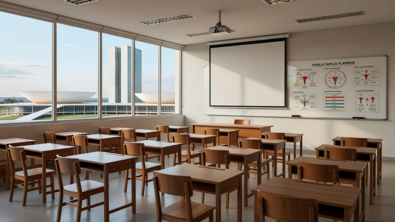 Sala de aula em Brasília com materiais sobre sexualidade e planejamento familiar