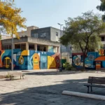 Praça cultural revitalizada em Taguatinga, Brasília, com murais artísticos.