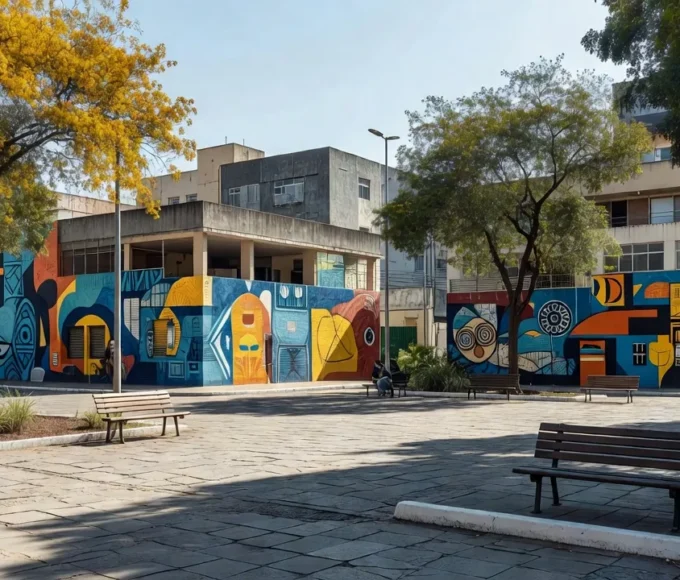 Praça cultural revitalizada em Taguatinga, Brasília, com murais artísticos.