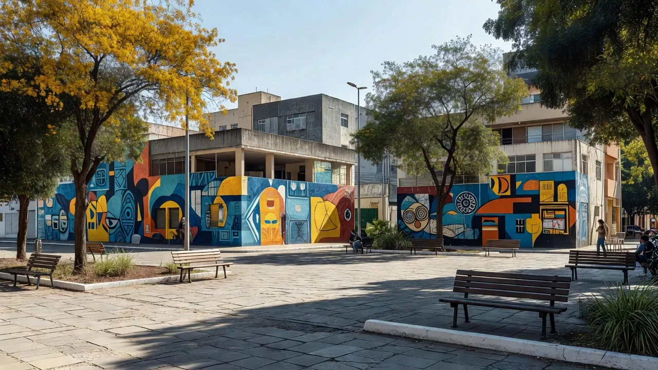 Praça cultural revitalizada em Taguatinga, Brasília, com murais artísticos.