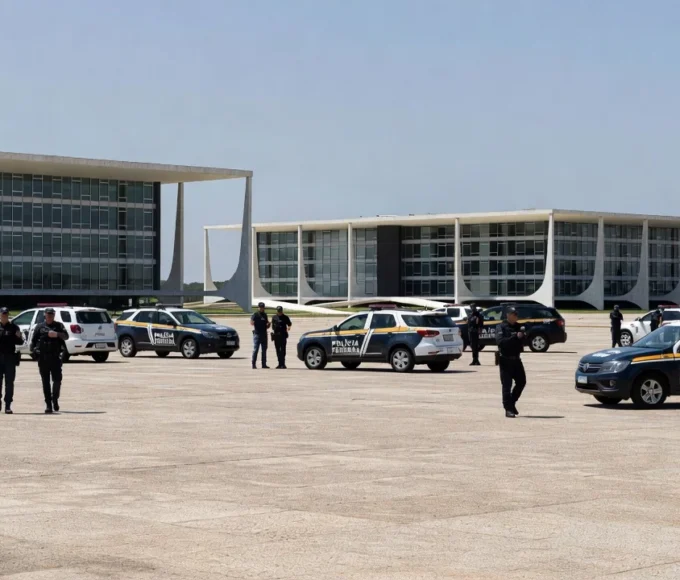 Policiamento reforçado na Praça dos Três Poderes em Brasília antes de decisão do STF