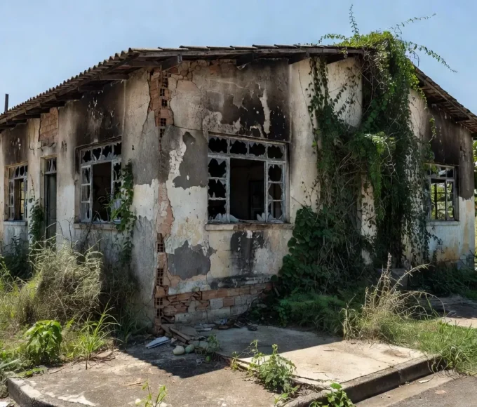 Casa abandonada no Gama, Brasília, com sinais de incêndio na fachada.