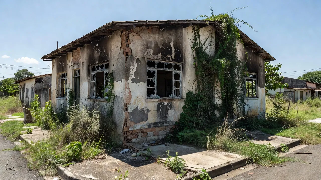 Casa abandonada no Gama, Brasília, com sinais de incêndio na fachada.