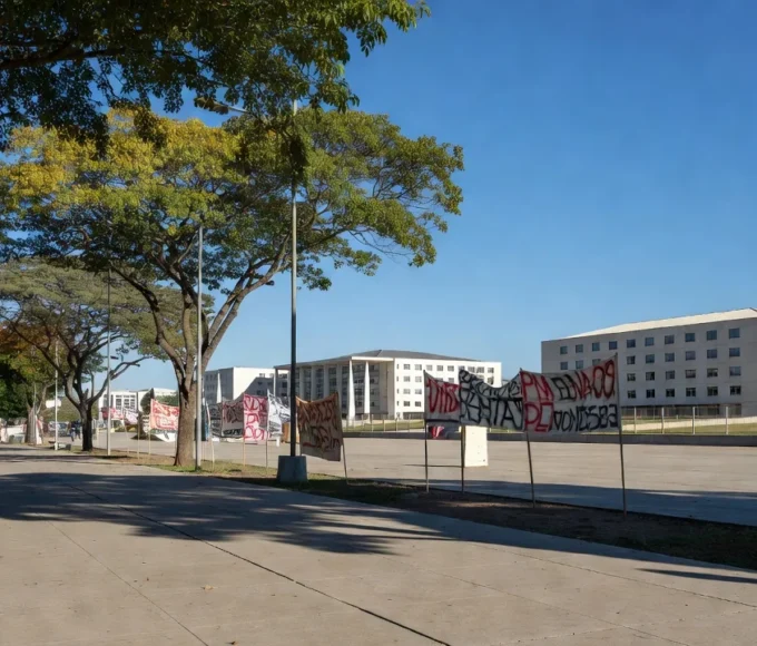 Protesto na Alameda dos Estados em Brasília com faixas e cartazes