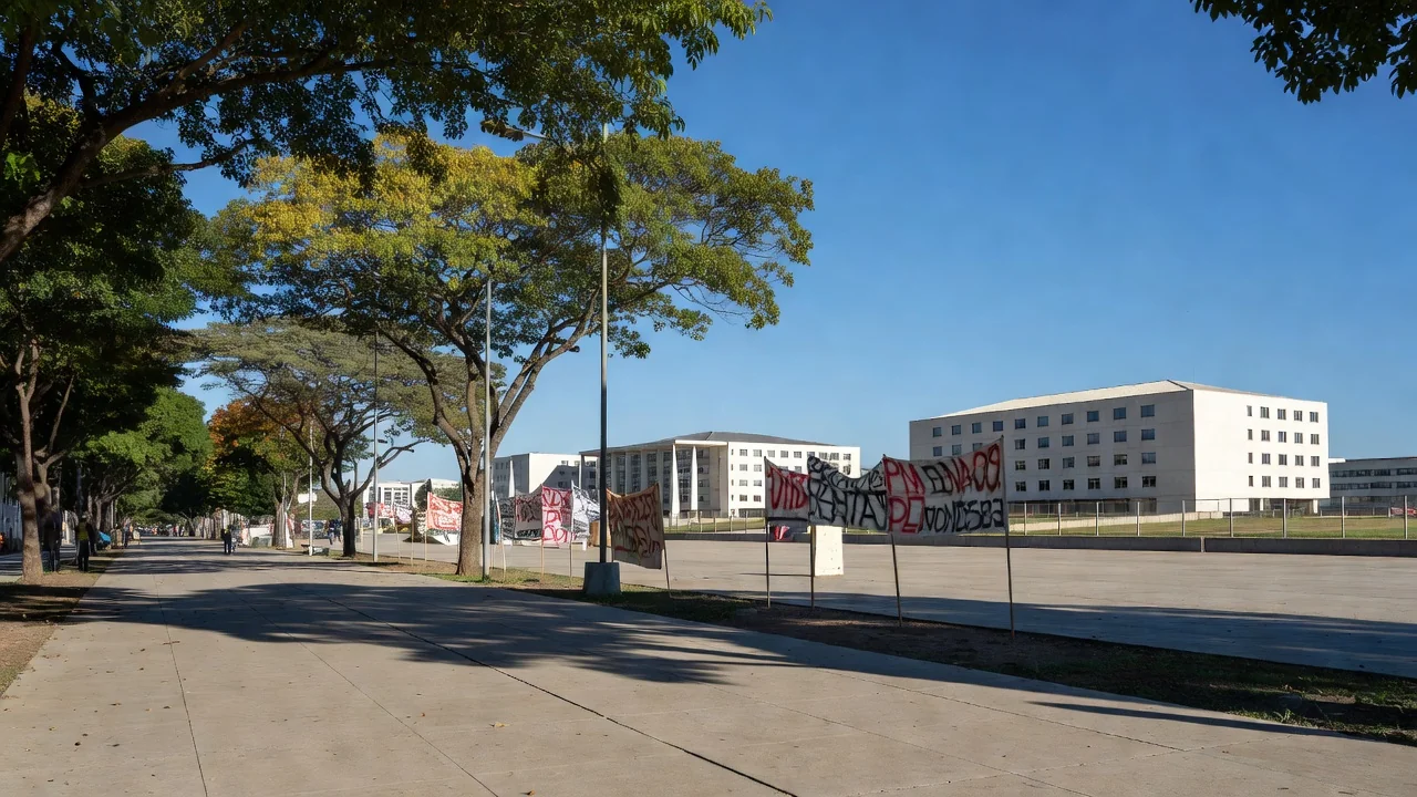 Protesto na Alameda dos Estados em Brasília com faixas e cartazes