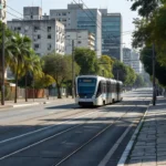 Trilhos de metrô e VLT em avenida urbana brasileira