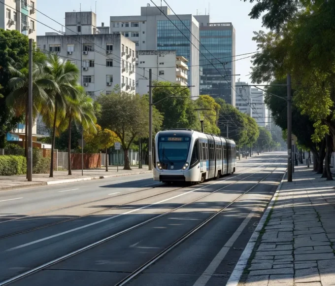 Trilhos de metrô e VLT em avenida urbana brasileira