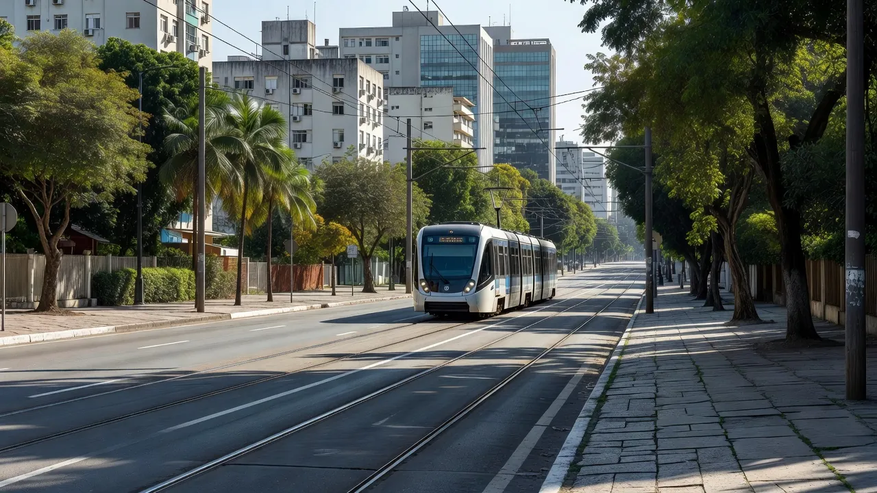 Trilhos de metrô e VLT em avenida urbana brasileira