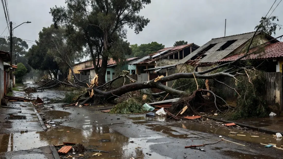 Estragos de temporal em Planaltina com árvores caídas e casas danificadas.