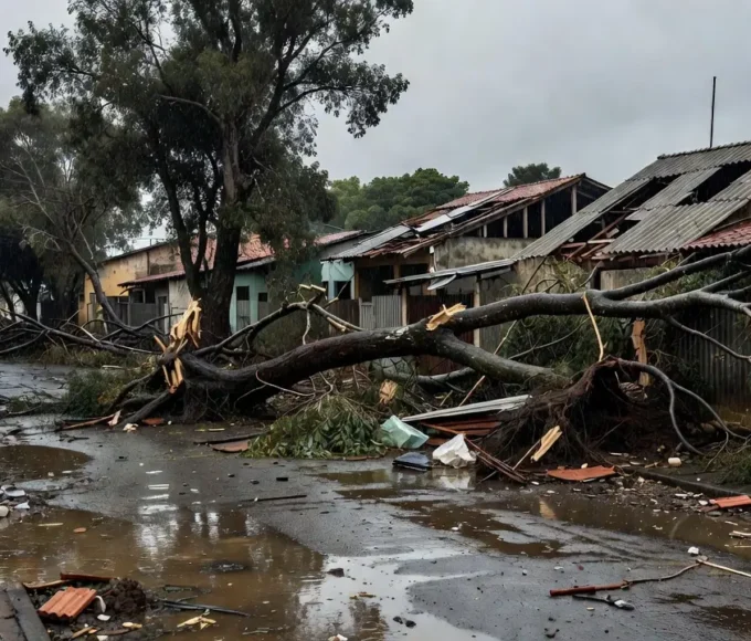 Estragos de temporal em Planaltina com árvores caídas e casas danificadas.