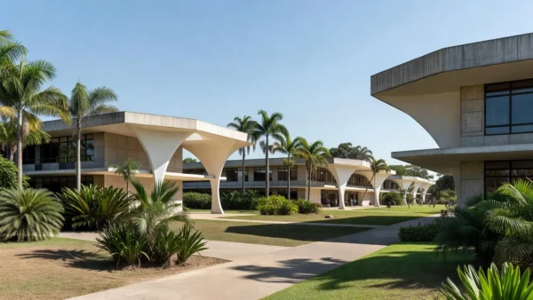 Campus da UnB em Brasília com arquitetura moderna sob luz natural, sobre aprovação de professor titular.