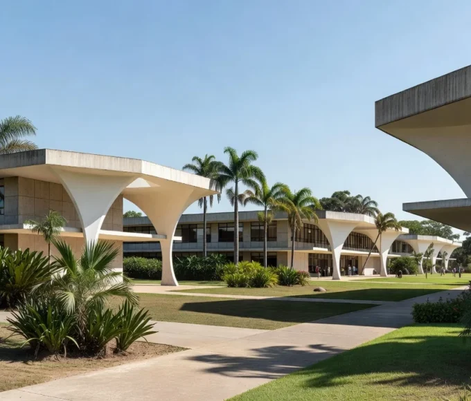 Campus da UnB em Brasília com arquitetura moderna sob luz natural, sobre aprovação de professor titular.