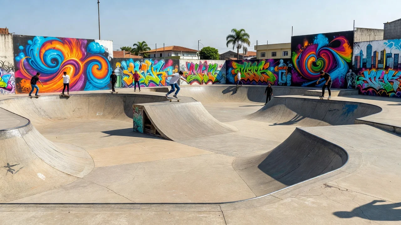 Evento Gama Art Day com skate e grafite na pista do Gama em Brasília