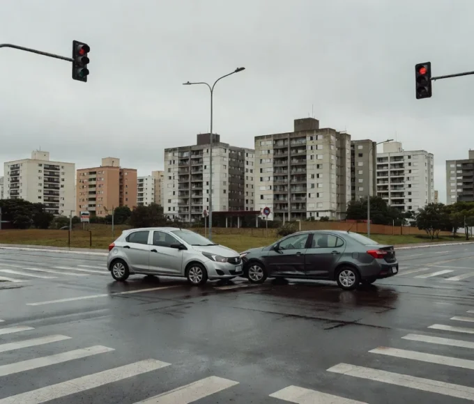 Semáforos apagados na W3 Sul com carros acidentados na 704 Sul